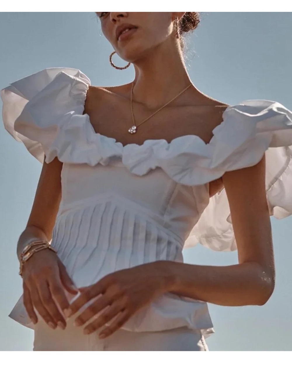 White House Black Market White Pleated Puff Sleeve Peplum Top - Picture 4 of 4